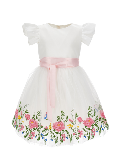 Monnalisa Kids'   Embroidered Tulle Dress In Cream + Multicolor