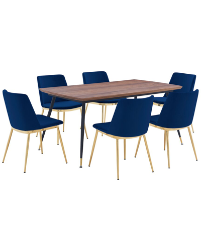 Armen Living Messina Velvet 7pc Rectangular Dining Set In Blue