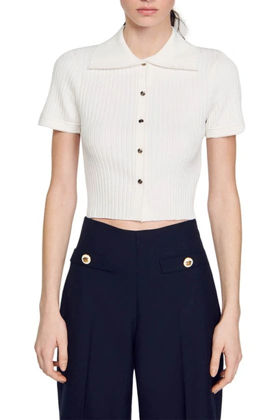 Sandro Ribbed-knit Polo Top In White