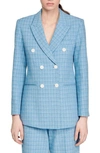 Sandro Double-breasted Tweed Blazer In Blue