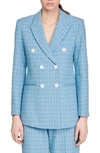 Sandro Double-breasted Tweed Blazer In Bleus