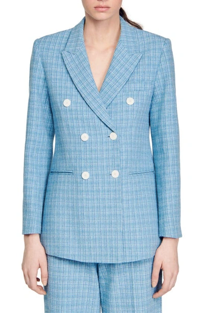 Sandro Double-breasted Tweed Blazer In Blue