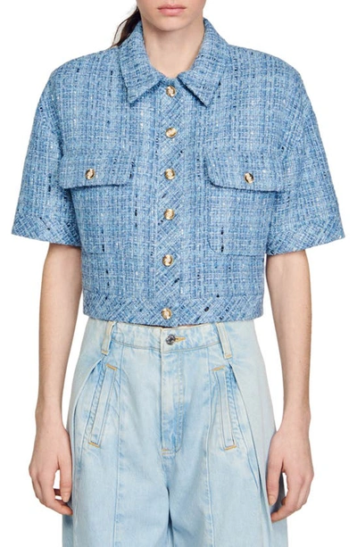 Sandro Womens Bleus Button-embellished Short-sleeved Tweed Jacket In Blue