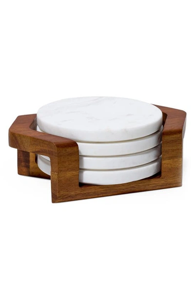 Nambe Chevron Coaster Set With Holder In Acacia Wood And Marble In Brown