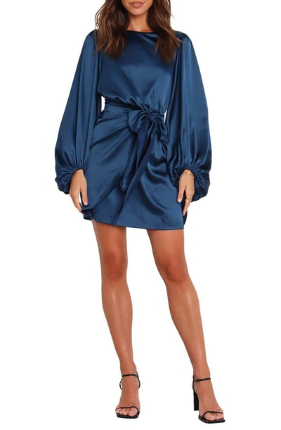 Petal And Pup Opal Tie Waist Long Sleeve Satin Minidress In Navy