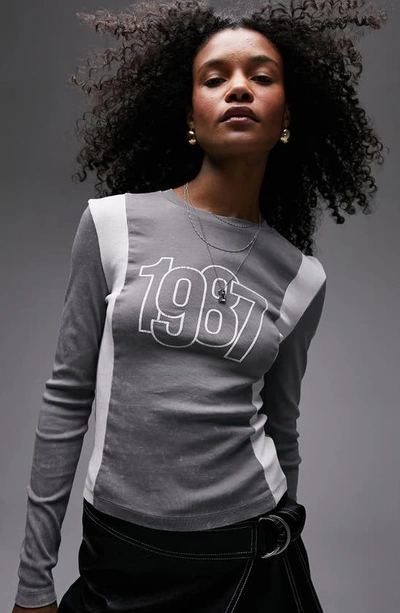 Topshop Graphic 1987 Long Sleeve Top In Gray