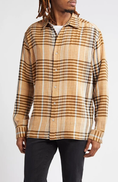 Topman Relaxed Fit Plaid Stretch Cotton Button-up Shirt In Brown Multi