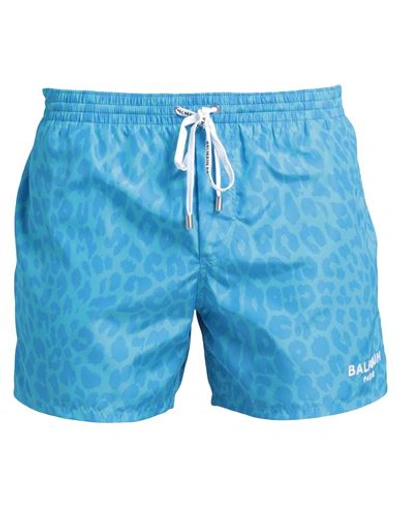 Balmain Man Swim Trunks Azure Size Xl Polyester In Blue