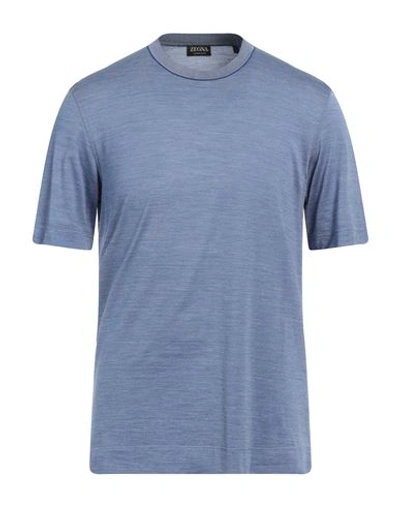 Zegna Man T-shirt Navy Blue Size 40 Silk, Cotton