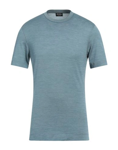 Zegna Man T-shirt Pastel Blue Size 36 Silk, Cotton