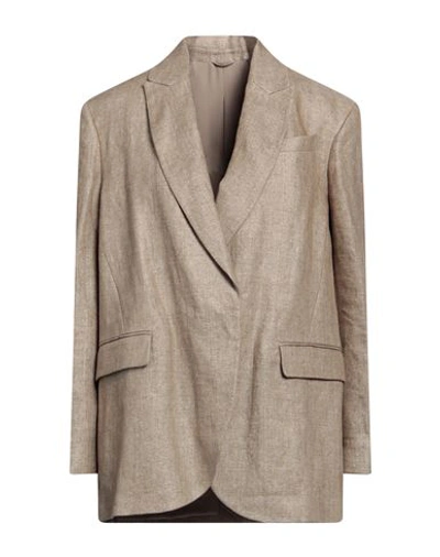 Brunello Cucinelli Woman Blazer Khaki Size 8 Linen, Polyamide, Metallic Fiber, Brass In Beige