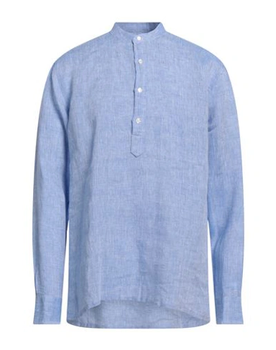 Barba Napoli Man Shirt Azure Size 17 Linen In Blue