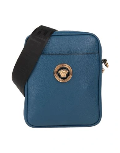 Versace Man Cross-body Bag Navy Blue Size - Calfskin In Navy Blue