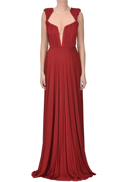 Elisabetta Franchi Pleated Lamè Fabric Evening Dress In Fire Red