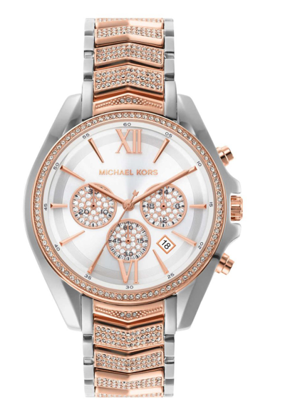 Michael Kors Women's Whitney Chronograph Two-tone Stainless Steel Bracelet Watch 44mm In Two Tone  / Gold Tone / Rose / Rose Gold Tone / White