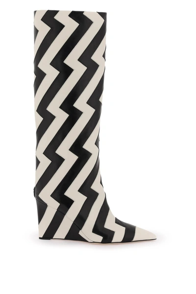 Jimmy Choo Blake 85 Geometric-pattern Leather Wedge Knee-high Boots In Latte/black