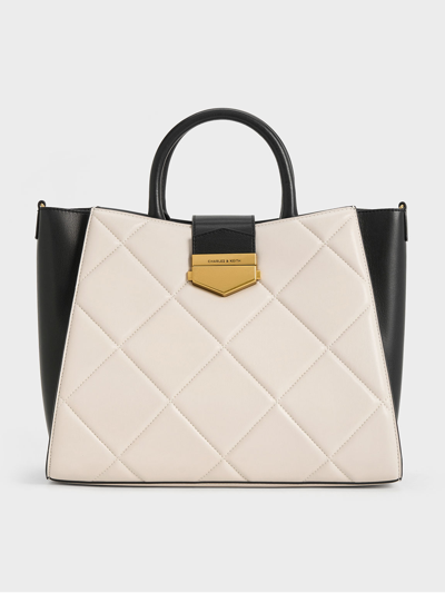 Charles & Keith Vertigo Quilted Two-tone Tote Bag In Black