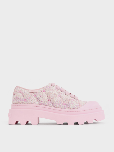 Charles & Keith Dahlia Tweed Heart-print Chunky Sneakers In Pink