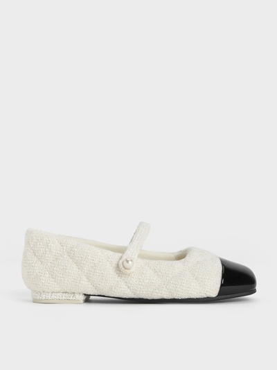 Charles & Keith Kids' Girls' Quilted Two-tone Mary Jane Flats In Chalk