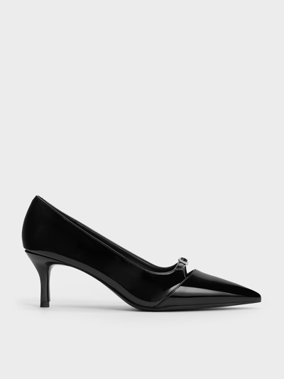 Charles & Keith Patent Buckle-strap Pointed-toe Pumps In Black Patent