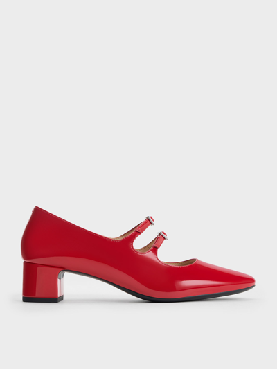 Charles & Keith Double Crystal-buckle Mary Jane Pumps In Red