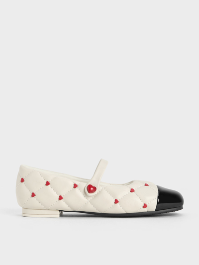 Charles & Keith Kids' Girls' Quilted Heart-motif Mary Janes In Chalk