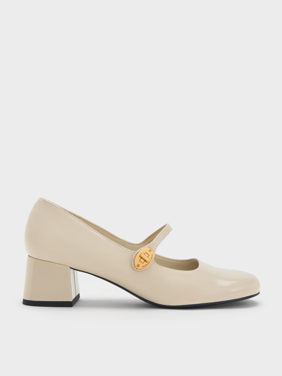 Charles & Keith Patent Metallic-buckle Block-heel Mary Janes In Chalk