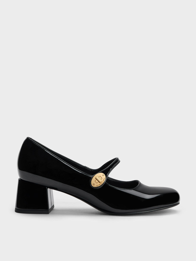 Charles & Keith Patent Metallic-buckle Block-heel Mary Janes In Black Patent