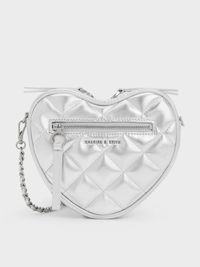 Charles & Keith Philomena Metallic Quilted Heart Crossbody Bag In Silver