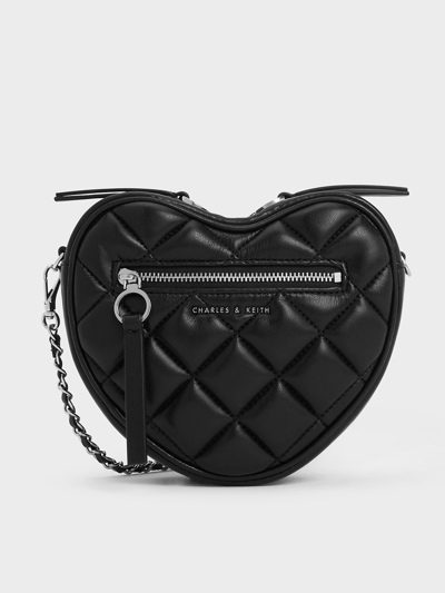 Charles & Keith Philomena Quilted Heart Crossbody Bag In Noir