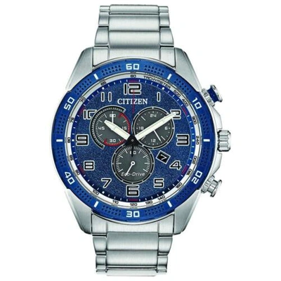 Pre-owned Citizen Ar Eco-drive Blue Dial Chronograph Stainless Steel Watch At2440-51l