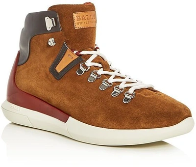 Pre-owned Bally Avyd Tobacco Suede Black Leather Logo Top Sneakers 10.5 Us 43.5 Italy In Tobacco / Black / Red