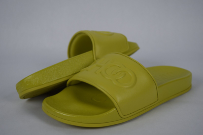 Pre-owned Jimmy Choo Azari Pool Slides Sz 38/8 Citron Sandals Flats Logo In Green