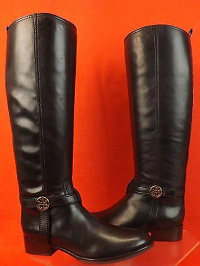Pre-owned Tory Burch Bristol Black Leather Gold Reva Tall Harness Riding Boots 7.5