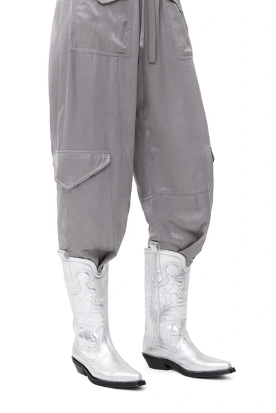 Ganni Mid Shaft Embroidered Western Boots In Silver