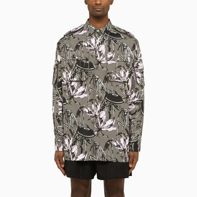 Prada Grey Long-sleeved Shirt With Floral Print Men In Green