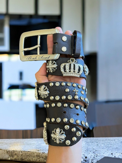Pre-owned 14th Addiction X If Six Was Nine Beach Sound Japan Cemetery Cross Studded Leather Belt In Black