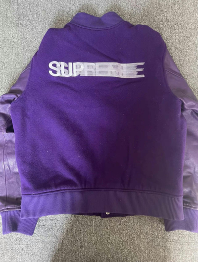 Pre-owned Supreme Motion Logo Leather Varsity Jacket In Purple