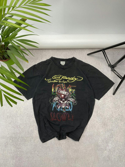 Pre-owned Christian Audigier X Ed Hardy Vintage Ed Hardy Distressed Crashed Faded Y2k Skull Tee In Faded Black