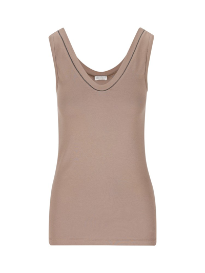 Brunello Cucinelli Embellished Trim Tank Top In Brown