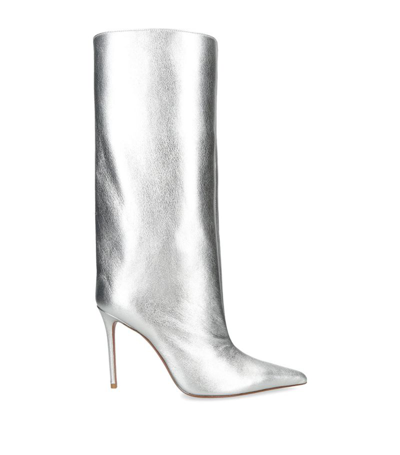 Amina Muaddi Suede Fiona Knee-high Boots 95 In Silver