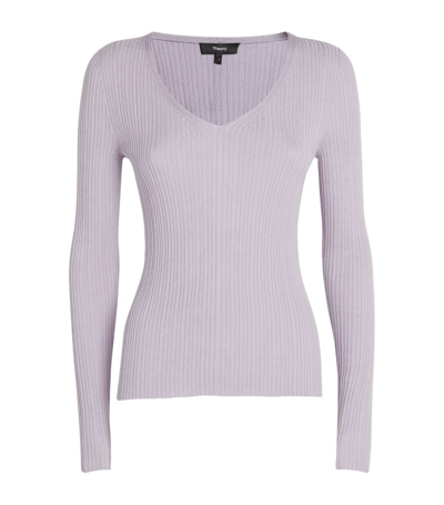 Theory Wool-blend Ribbed V-neck Sweater In Purple
