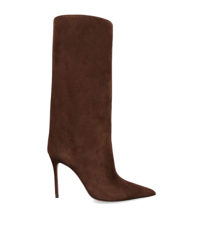 Amina Muaddi Suede Fiona Knee-high Boots 95 In Brown