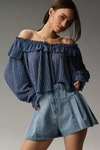 By Anthropologie Long-sleeve Sheer Striped Crop Blouse In Blue