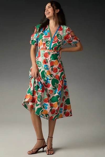 Farm Rio X Anthropologie Short-sleeve V-neck Cutout Midi Dress In Multicolor