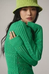 Joie Deja Puff-sleeve Crochet Open-stitch Sweater In Kelly Green