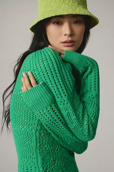 Joie Deja Puff-sleeve Crochet Open-stitch Sweater In Green