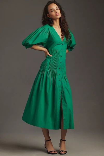 Maeve Pintuck Tie-sleeve Midi Dress In Green