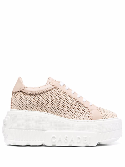 Casadei Nexus Platform Pink Sneakers With Intreccio Design In Fabric And Leather Woman In Neutral