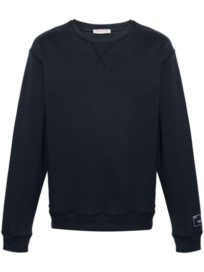 Valentino Navy Blue Cotton Sweatshirt With Logo Patch And V-neck Detail For Men